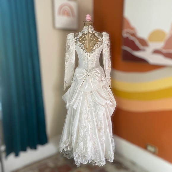 Mary’s Bridal Ornate Beaded Wedding Gown with Full Train and Veil Headpiece - Picture 2 of 8